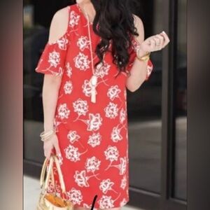 LOFT by Ann Taylor Red Floral Cold Shoulder Dress Size 8